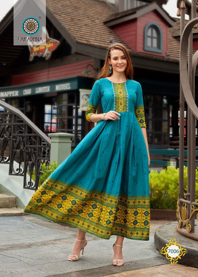 Aradhna Level 7 Fancy Wear Wholesale Cotton Anarkali Kurtis Catalog
